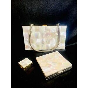 Rare Entire Set Genuine Art Deco Anisco Mother Of Pearl Purse Set W/ Compact